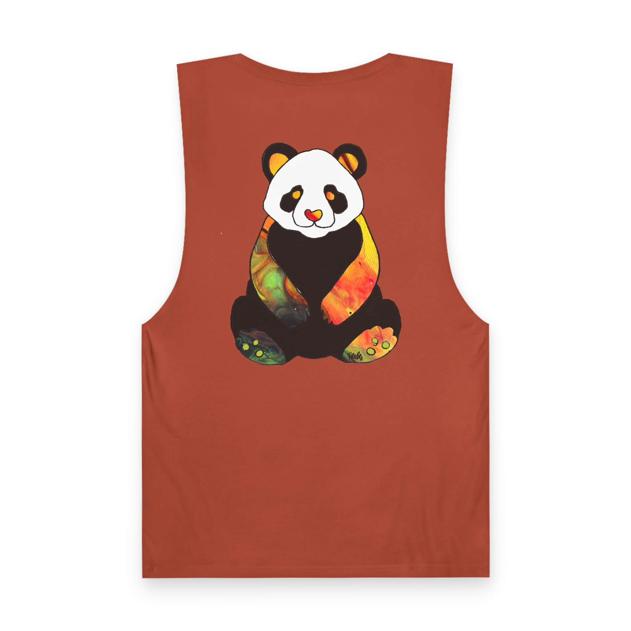 "Rizz Lucy Panda" 02.1 Edition Barnard Tank Top by FREEBRD — autumn, paint flow panda back graphic, back view.