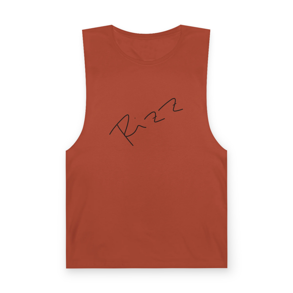 "Rizz Lucy Panda" 02.1 Edition Barnard Tank Top by FREEBRD — autumn, handwritten Rizz signature front, front view.