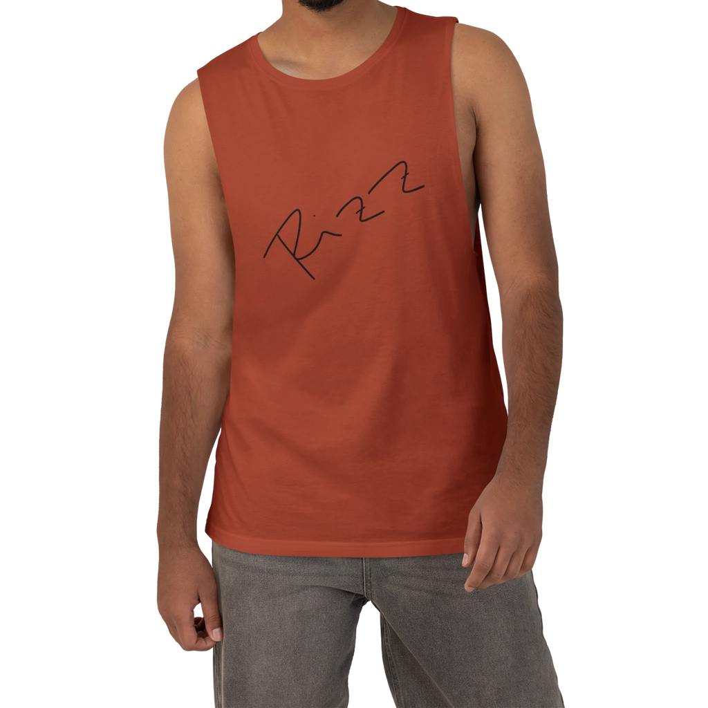 "Rizz Lucy Panda" 02.1 Edition Barnard Tank Top by FREEBRD — autumn lifestyle front, handwritten Rizz signature, relaxed fit on model.