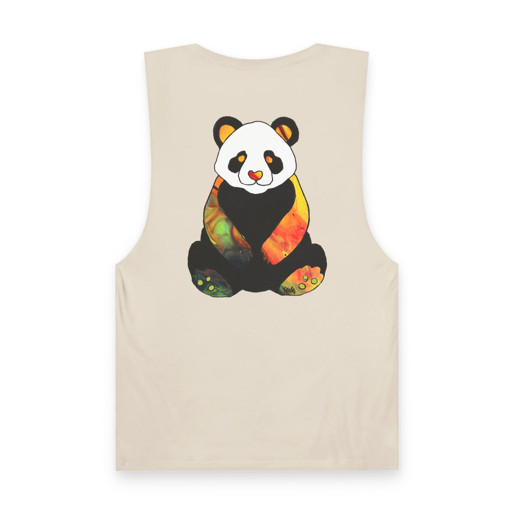 "Rizz Lucy Panda" 02.1 Edition Barnard Tank Top by FREEBRD — ecru, paint flow panda back graphic, back view.