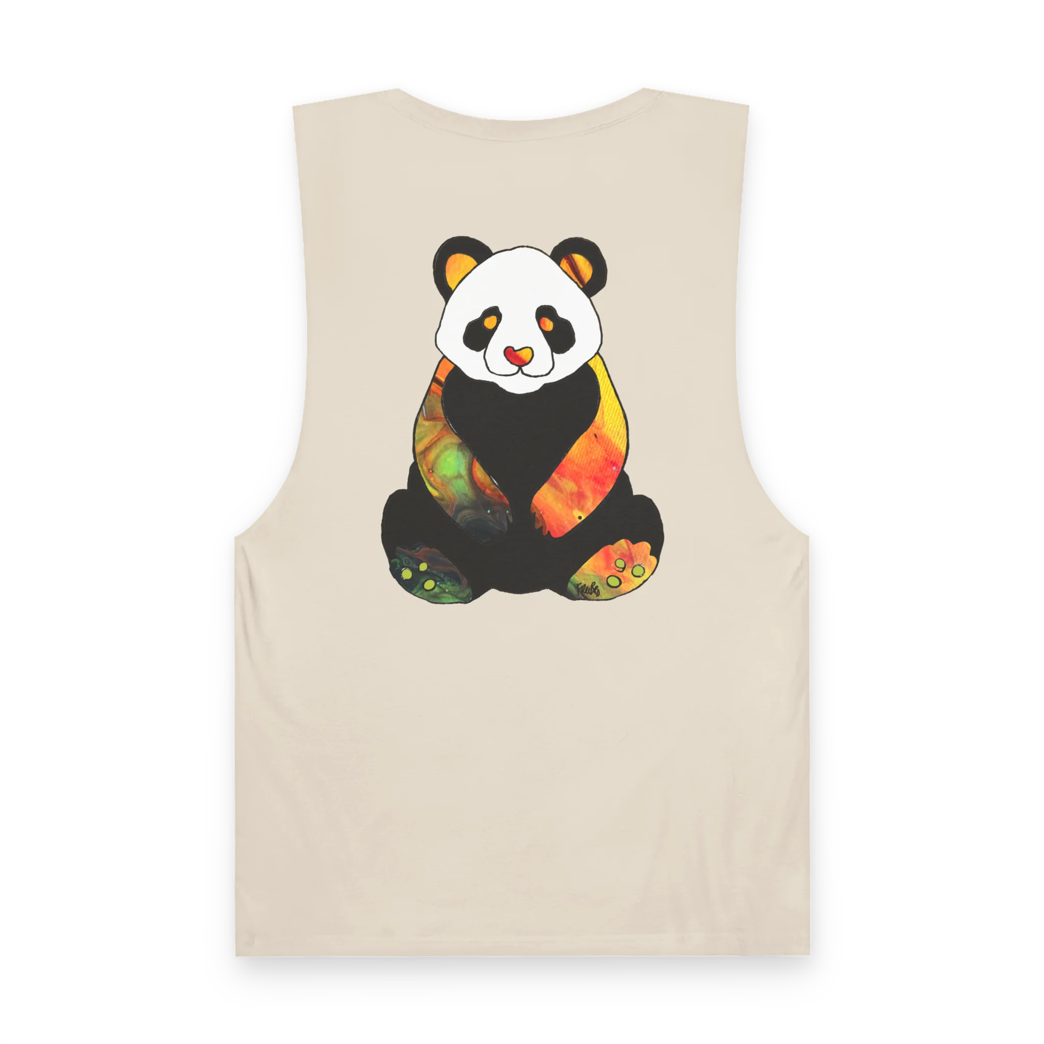 "Rizz Lucy Panda" 02.1 Edition Barnard Tank Top by FREEBRD — ecru, paint flow panda back graphic, back view.