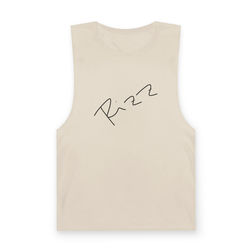 "Rizz Lucy Panda" 02.1 Edition Barnard Tank Top by FREEBRD — ecru, handwritten Rizz signature front, front view.