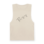"Rizz Lucy Panda" 02.1 Edition Barnard Tank Top by FREEBRD — ecru, handwritten Rizz signature front, front view.