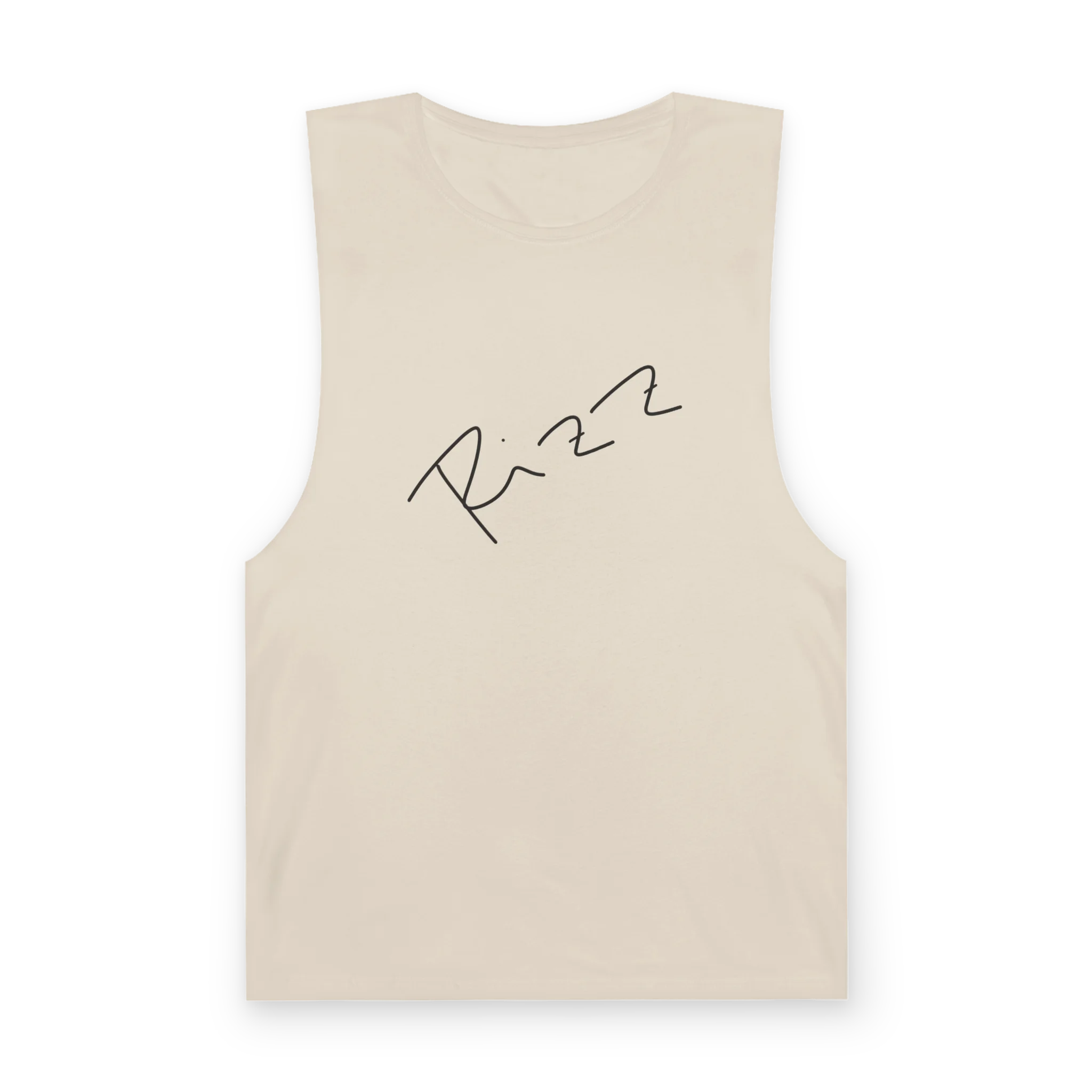 "Rizz Lucy Panda" 02.1 Edition Barnard Tank Top by FREEBRD — ecru, handwritten Rizz signature front, front view.