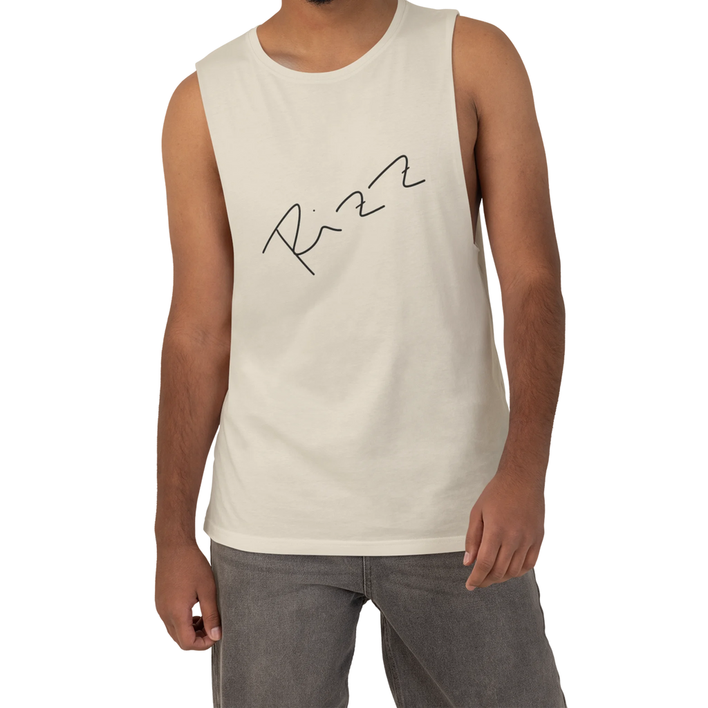 "Rizz Lucy Panda" 02.1 Edition Barnard Tank Top by FREEBRD — ecru lifestyle front, handwritten Rizz signature, relaxed fit on model.