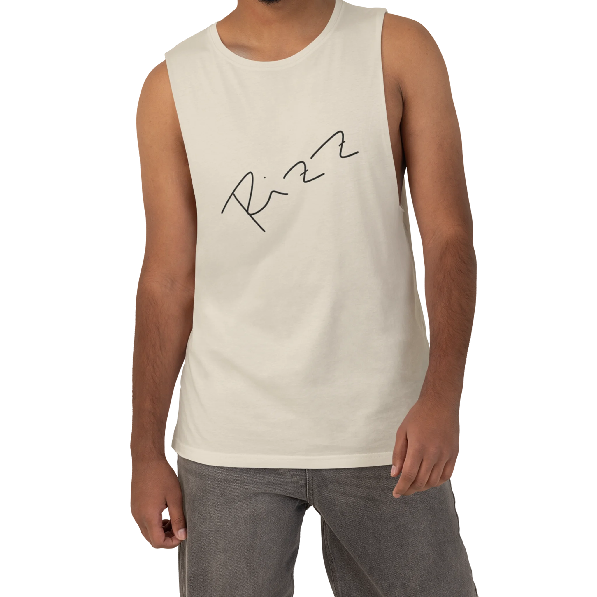 "Rizz Lucy Panda" 02.1 Edition Barnard Tank Top by FREEBRD — ecru lifestyle front, handwritten Rizz signature, relaxed fit on model.