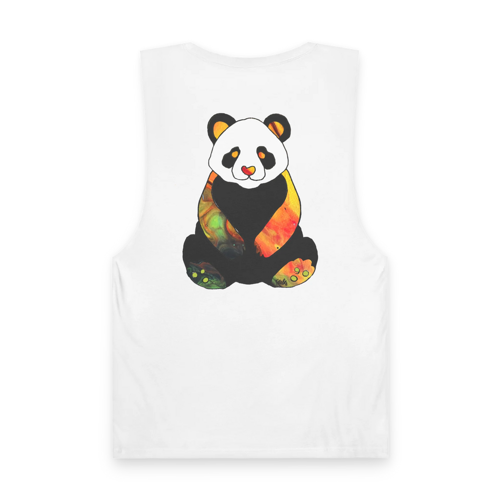 "Rizz Lucy Panda" 02.1 Edition Barnard Tank Top by FREEBRD — white, paint flow panda back graphic, back view.