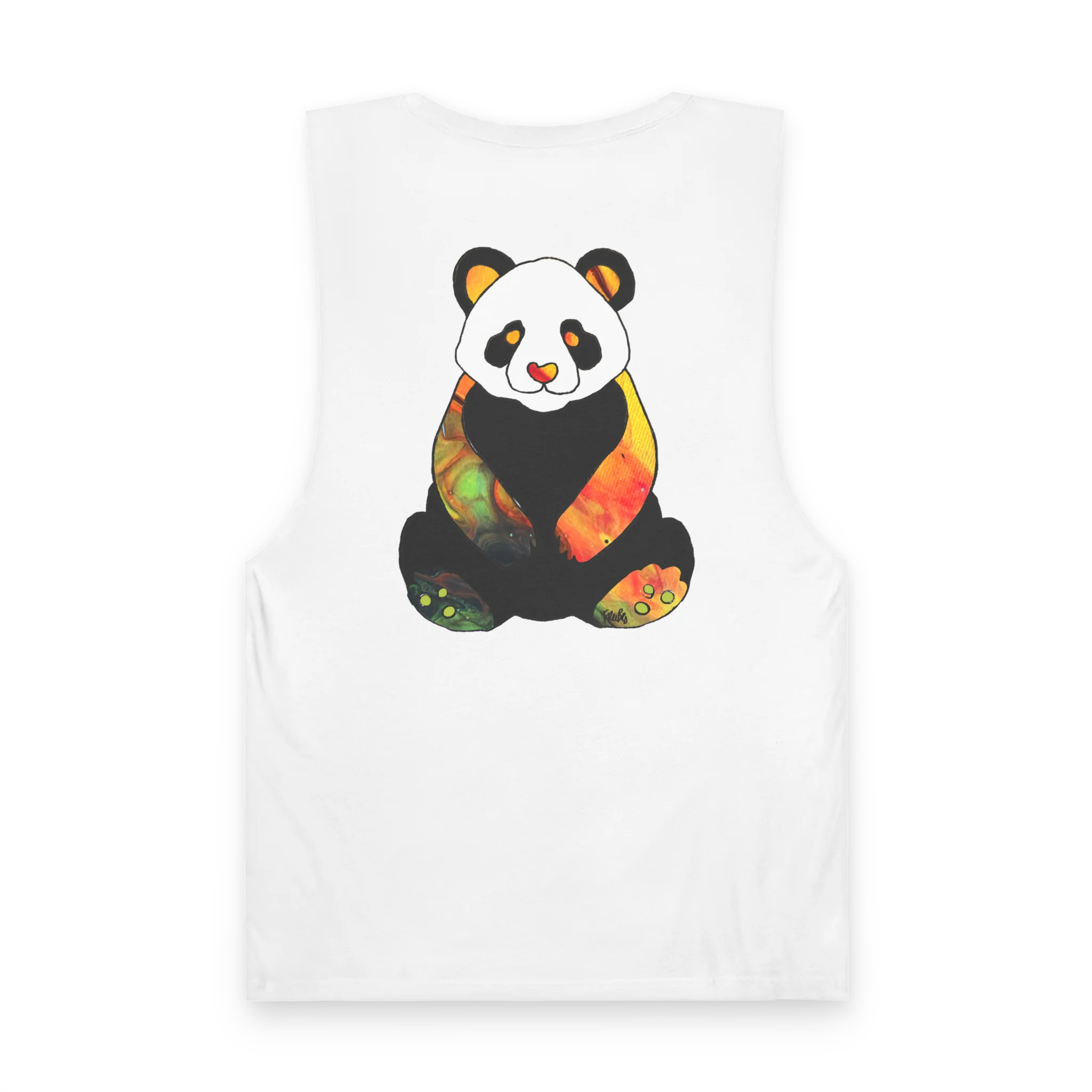"Rizz Lucy Panda" 02.1 Edition Barnard Tank Top by FREEBRD — white, paint flow panda back graphic, back view.