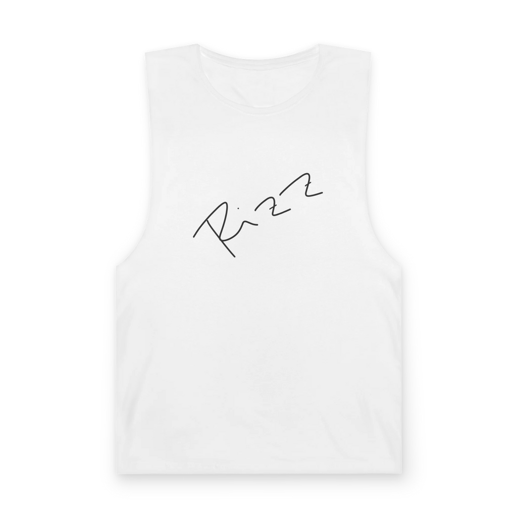 "Rizz Lucy Panda" 02.1 Edition Barnard Tank Top by FREEBRD — white, handwritten Rizz signature front, front view.