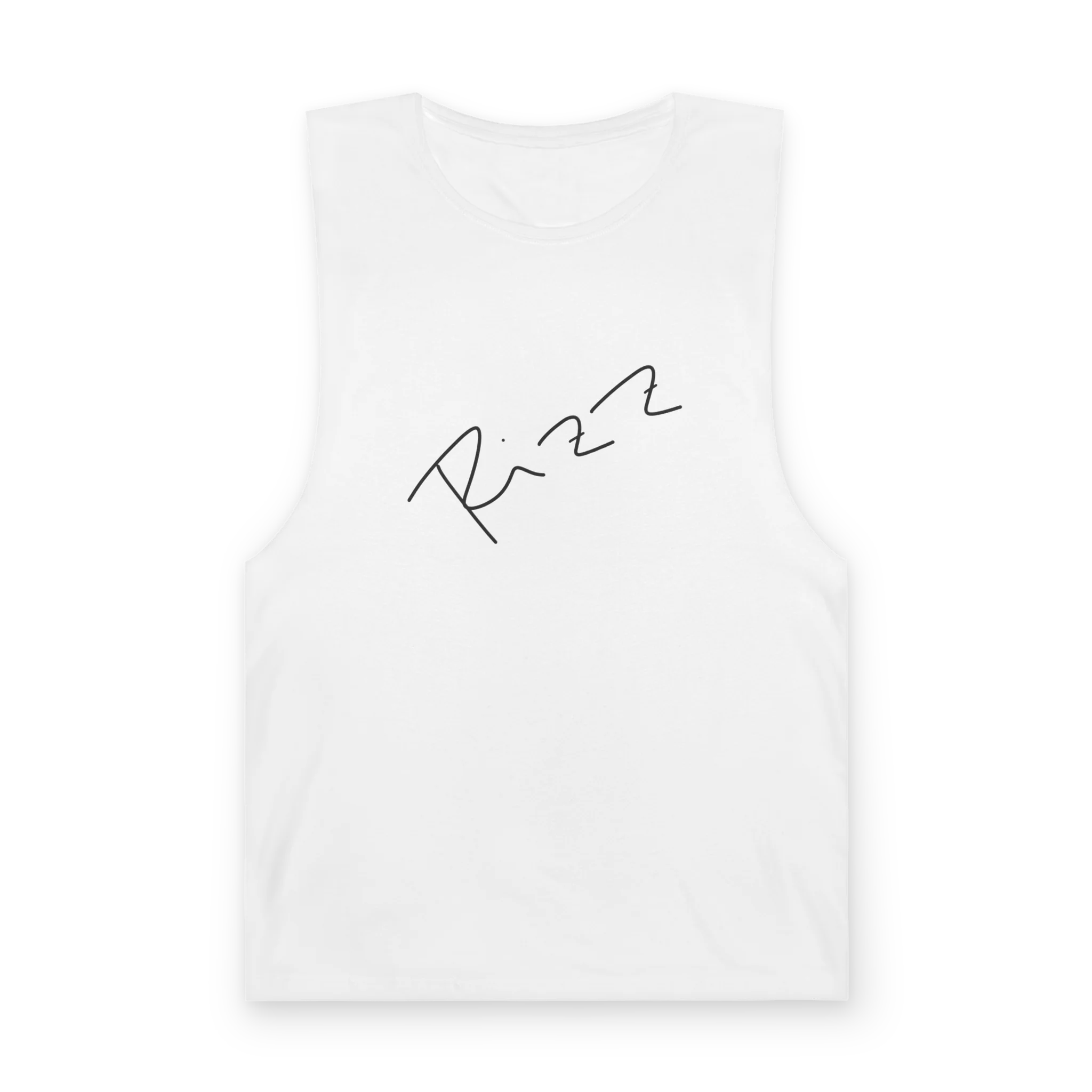 "Rizz Lucy Panda" 02.1 Edition Barnard Tank Top by FREEBRD — white, handwritten Rizz signature front, front view.