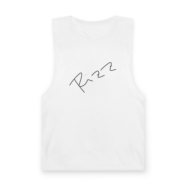 "Rizz Lucy Panda" 02.1 Edition Barnard Tank Top by FREEBRD — white, handwritten Rizz signature front, front view.
