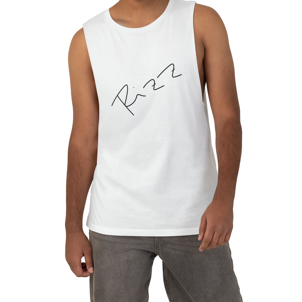"Rizz Lucy Panda" 02.1 Edition Barnard Tank Top by FREEBRD — white lifestyle front, handwritten Rizz signature, relaxed fit on model.