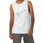 "Rizz Lucy Panda" 02.1 Edition Barnard Tank Top by FREEBRD — white lifestyle front, handwritten Rizz signature, relaxed fit on model.