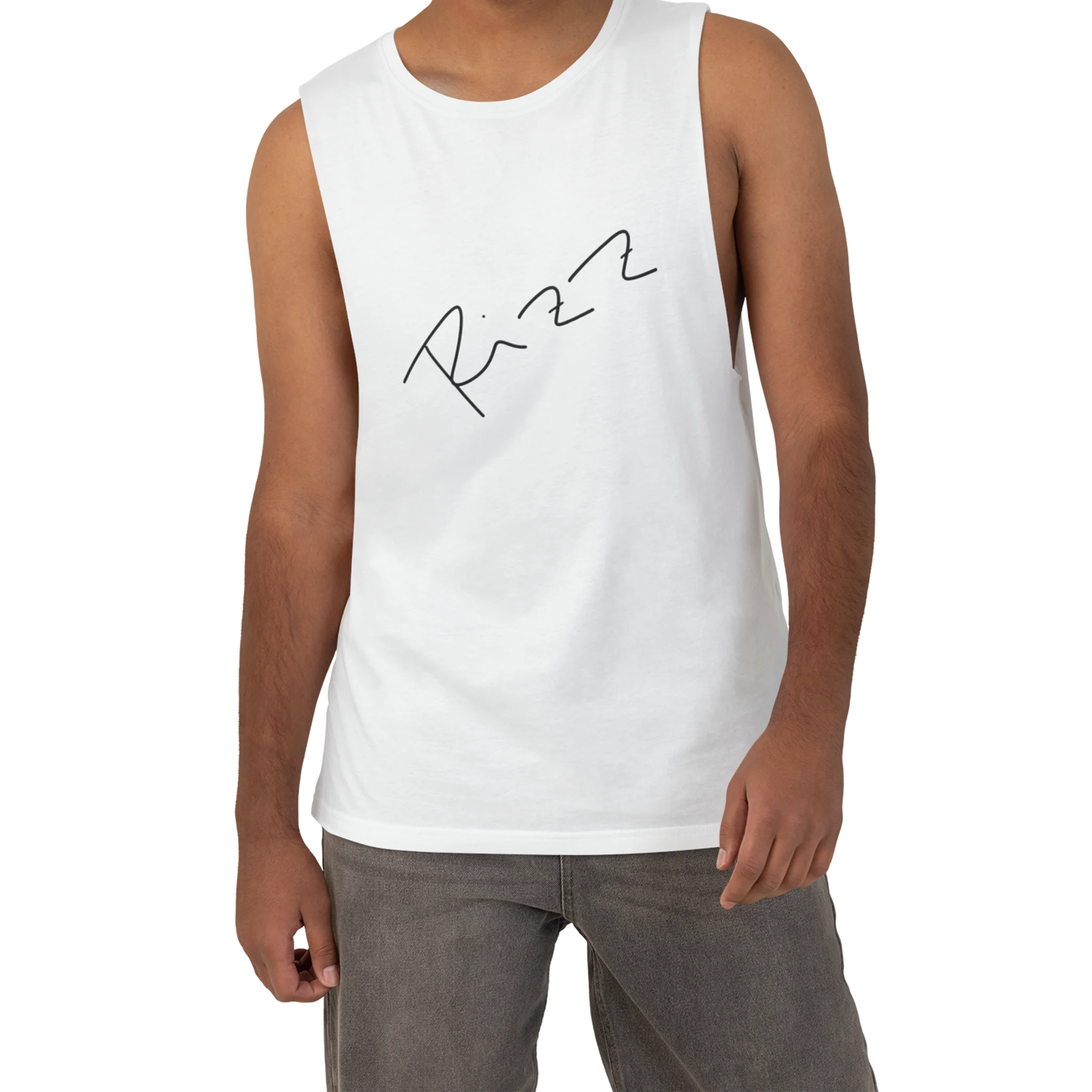 "Rizz Lucy Panda" 02.1 Edition Barnard Tank Top by FREEBRD — white lifestyle front, handwritten Rizz signature, relaxed fit on model.