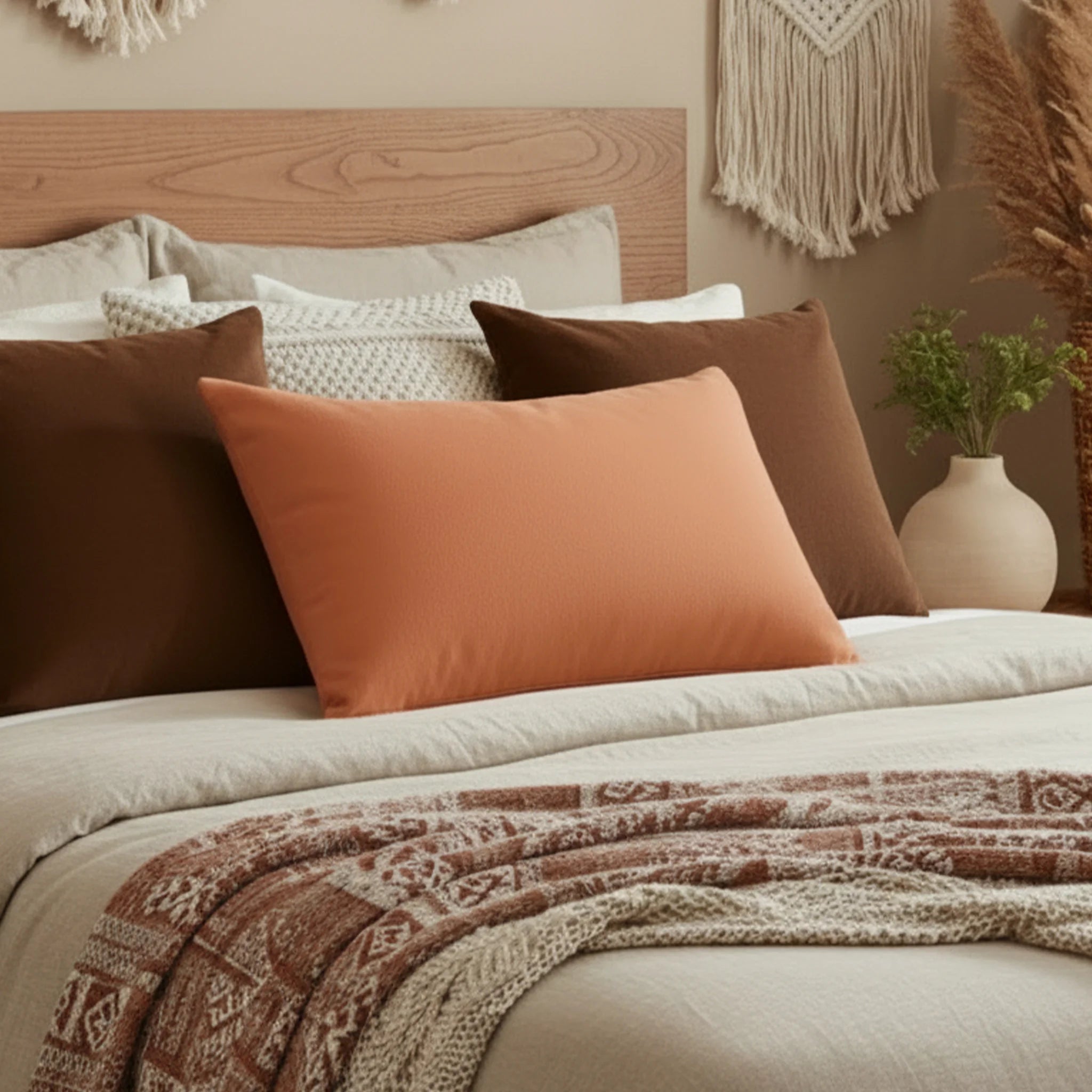 Roman Earth lumbar accent pillow styled on a bed in a modern bedroom.