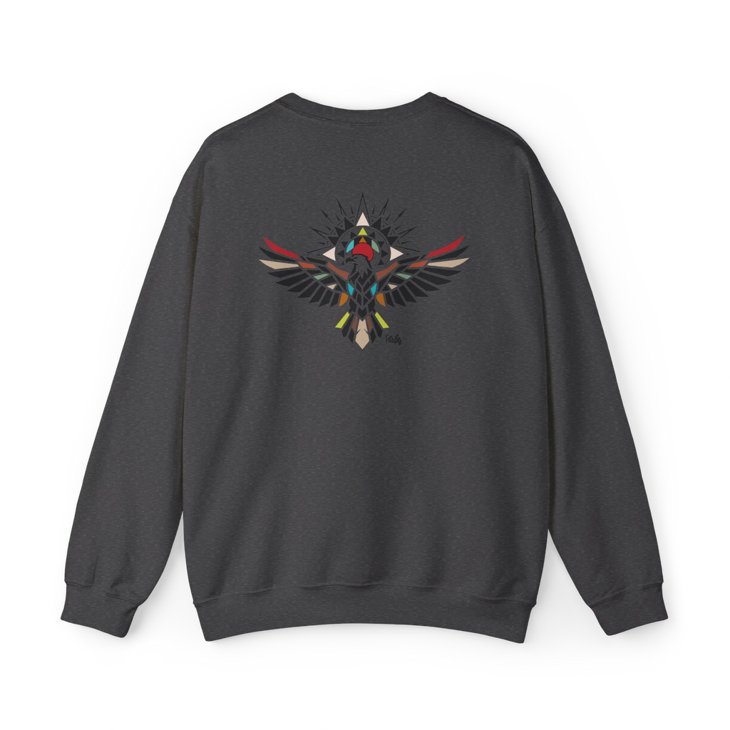 Dark grey heather crewneck sweatshirt with a geometric bird graphic featuring outstretched wings and multicolored accents, back flat lay.