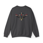 Dark grey heather crewneck sweatshirt with a geometric bird graphic featuring outstretched wings and multicolored accents, back flat lay.