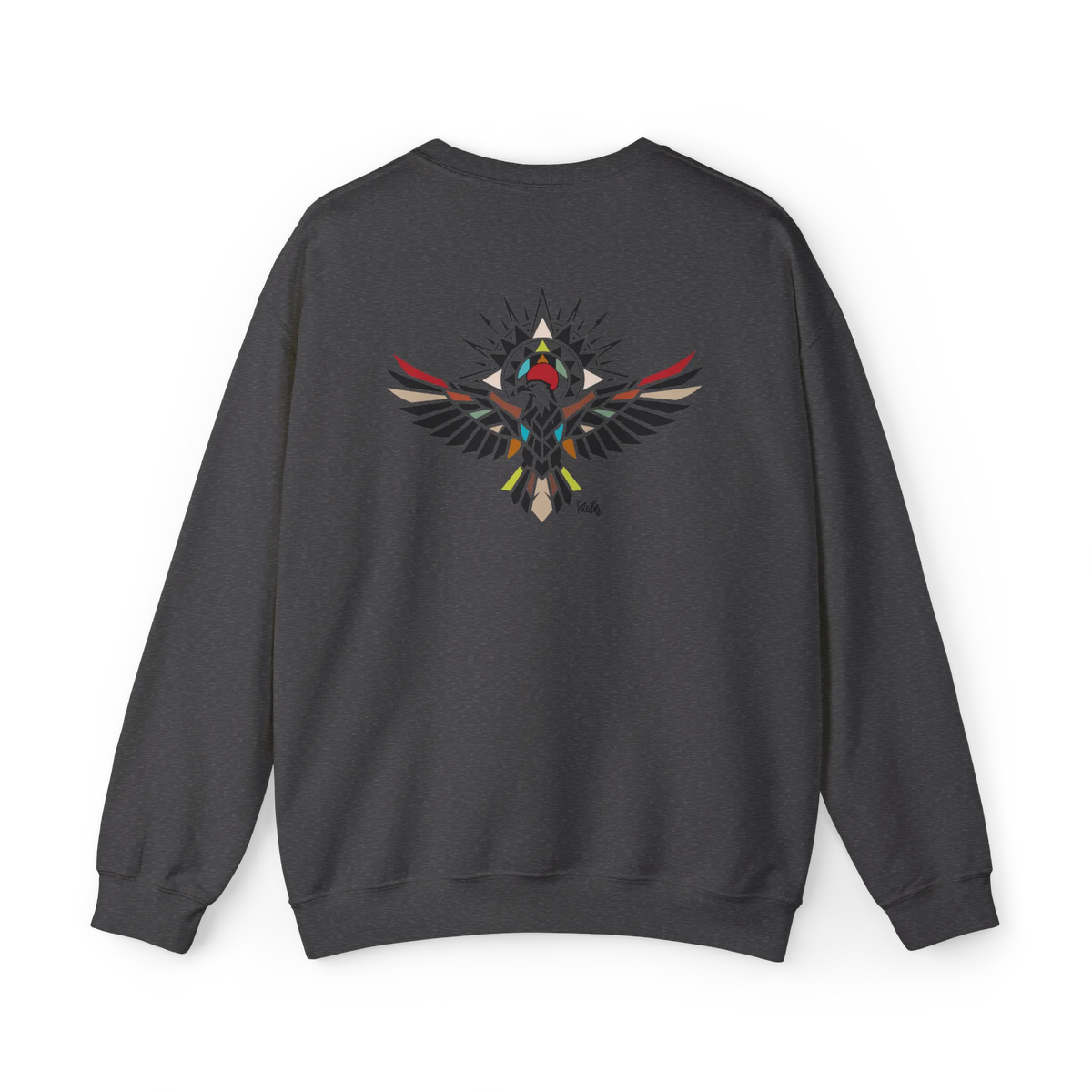 Dark grey heather crewneck sweatshirt with a geometric bird graphic featuring outstretched wings and multicolored accents, back flat lay.