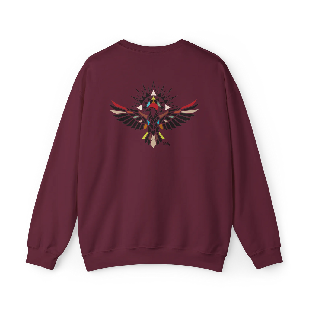 Maroon crewneck sweatshirt with a geometric bird graphic featuring outstretched wings and multicolored accents, back flat lay.