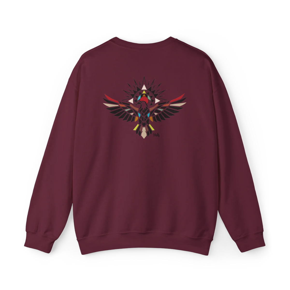 Maroon crewneck sweatshirt with a geometric bird graphic featuring outstretched wings and multicolored accents, back flat lay.
