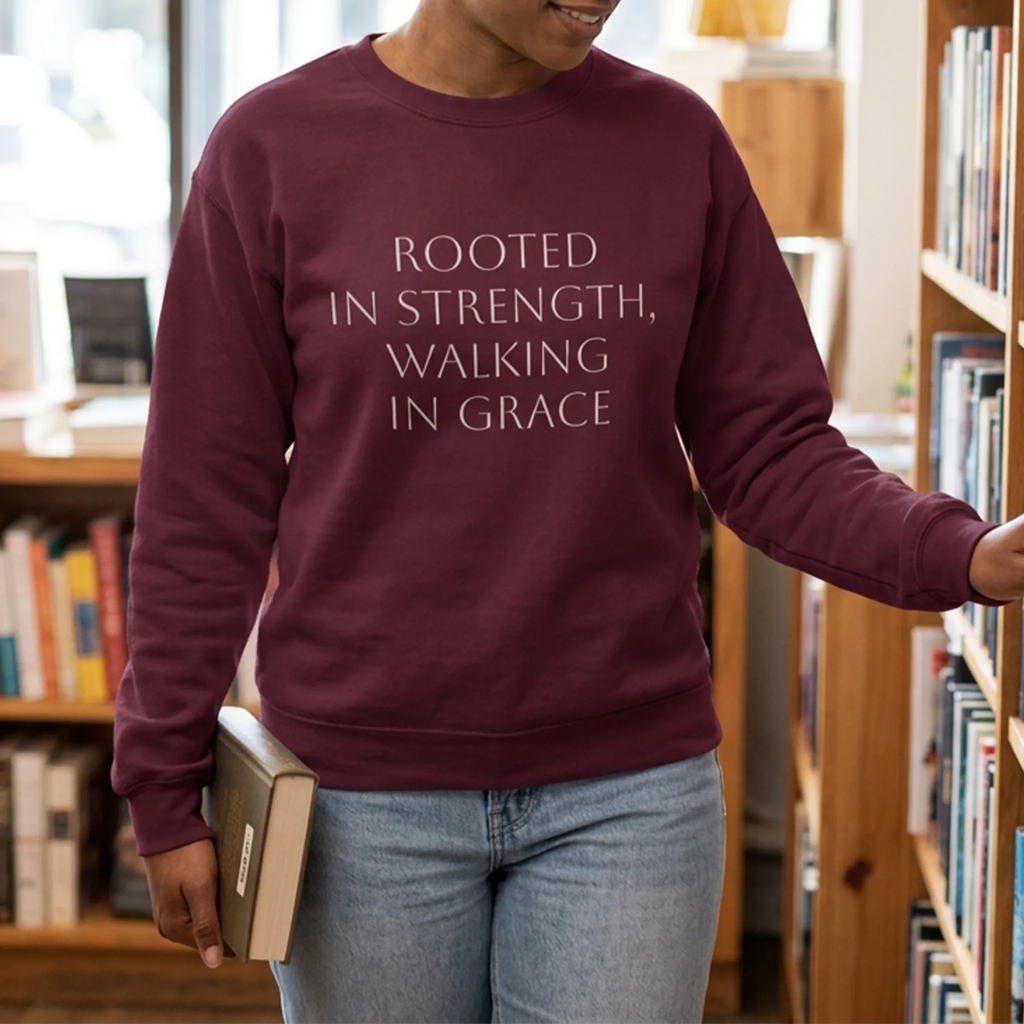  Person browsing a bookstore wearing a maroon crewneck sweatshirt with 'Rooted in strength, walking in grace' lettering on the front.