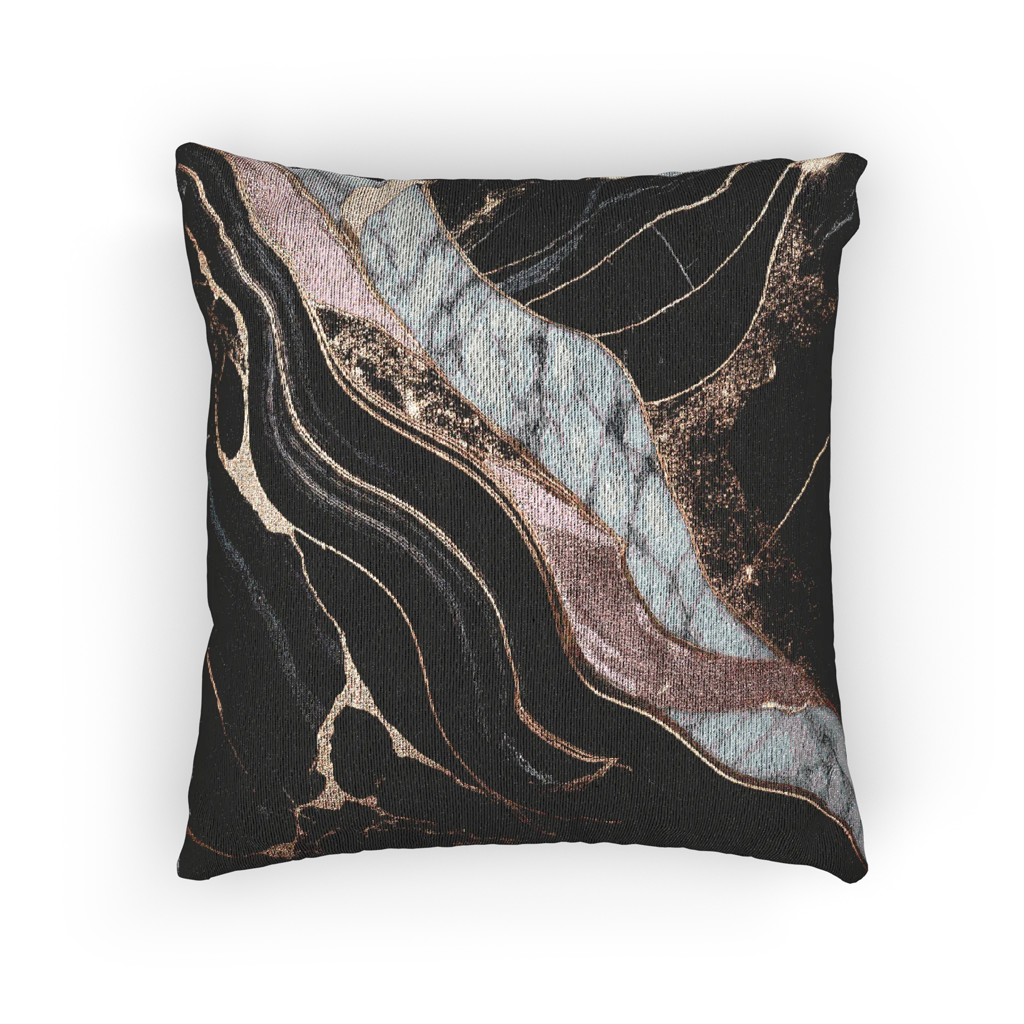 A back view of the Rose Gold Marble Woven Pillow showing rose gold veins and white marble with black veins on a charcoal background.