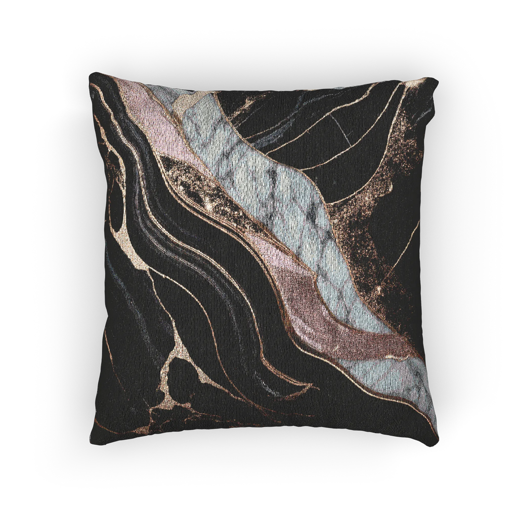 A front view of the Rose Gold Marble Woven Pillow showing rose gold veins and white marble with black veins on a charcoal background.