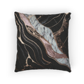 A front view of the Rose Gold Marble Woven Pillow showing rose gold veins and white marble with black veins on a charcoal background.