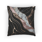 A front view of the Rose Gold Marble Woven Pillow showing rose gold veins and white marble with black veins on a charcoal background.