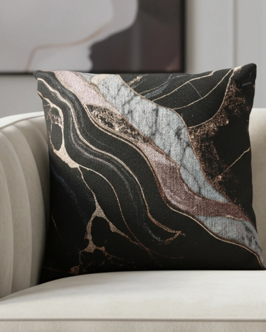 Cream bouclé accent chair in a modern minimalist living room with abstract wall art styled with the Rose Gold Marble Woven Pillow.
