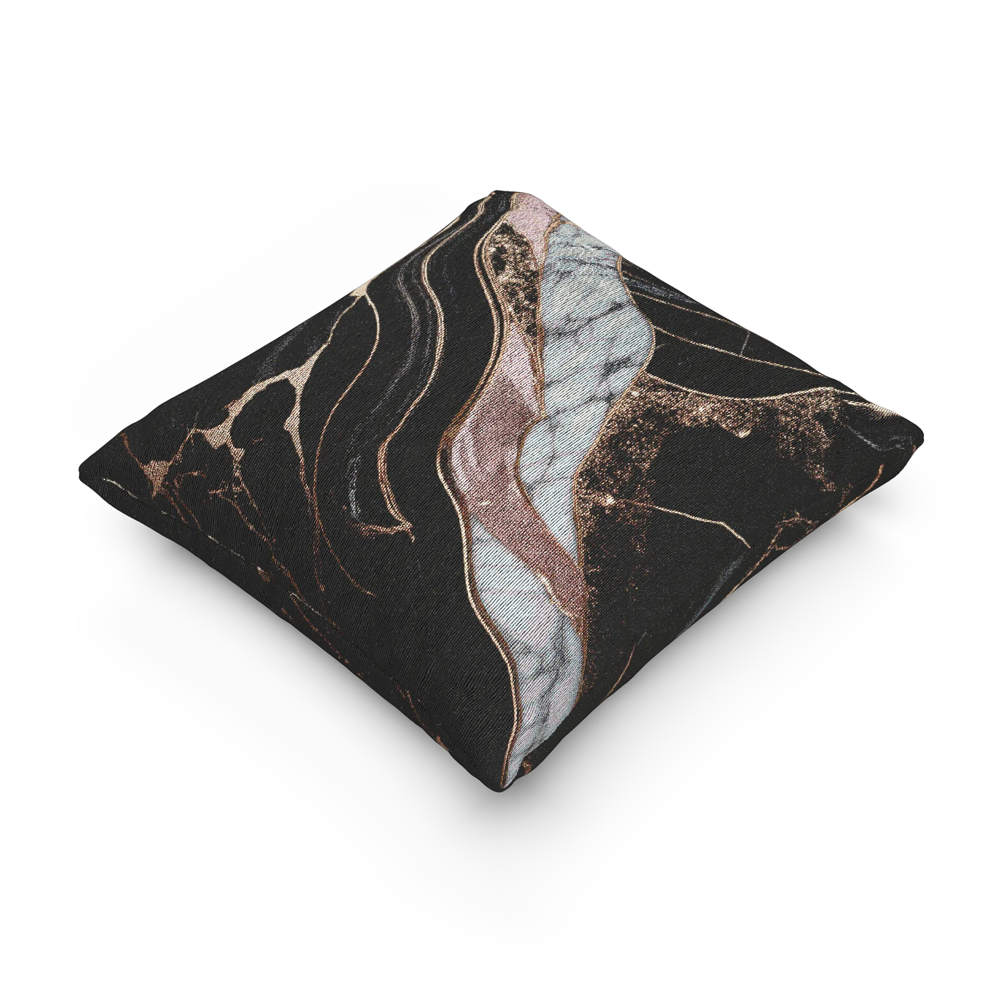 A side view of the Rose Gold Marble Woven Pillow showing rose gold veins and white marble with black veins on a charcoal background. 