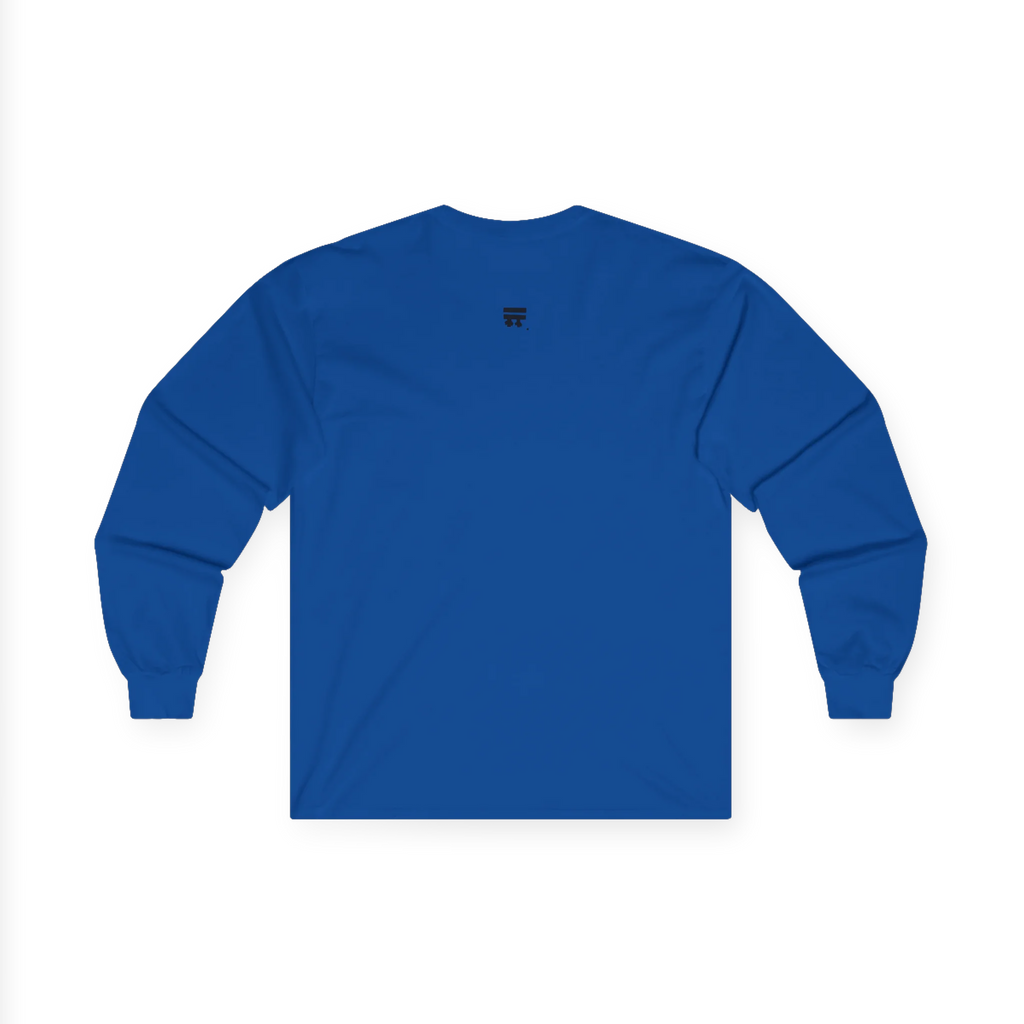 Royal Blue Women's Rights long sleeve tee, handwritten Womens Rights Are Human Rights graphic, crew neck, back view.
