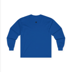 Royal Blue Women's Rights long sleeve tee, handwritten Womens Rights Are Human Rights graphic, crew neck, back view.