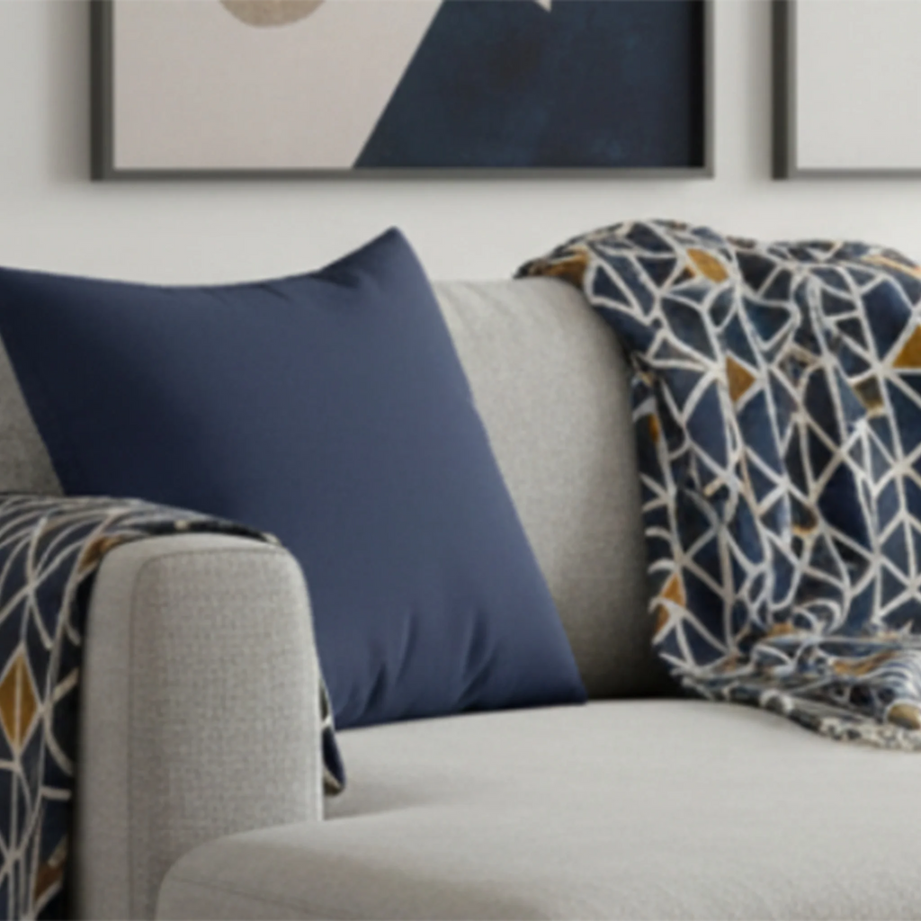 Rugged blue faux suede throw pillow, styled in living room, lifestyle view.