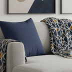 Rugged blue faux suede throw pillow, styled in living room, lifestyle view.