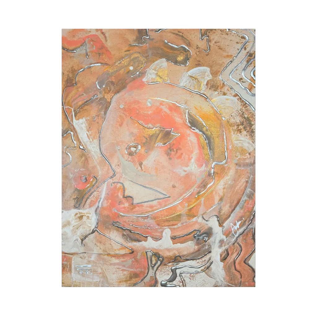 The front view of the 'Rustic Petal' Abstract FREEBRD 30x40 wall art piece with a 1.25 inch thickness showing vivid swirling acrylic paint texture in coral, gold, silver, and beige.