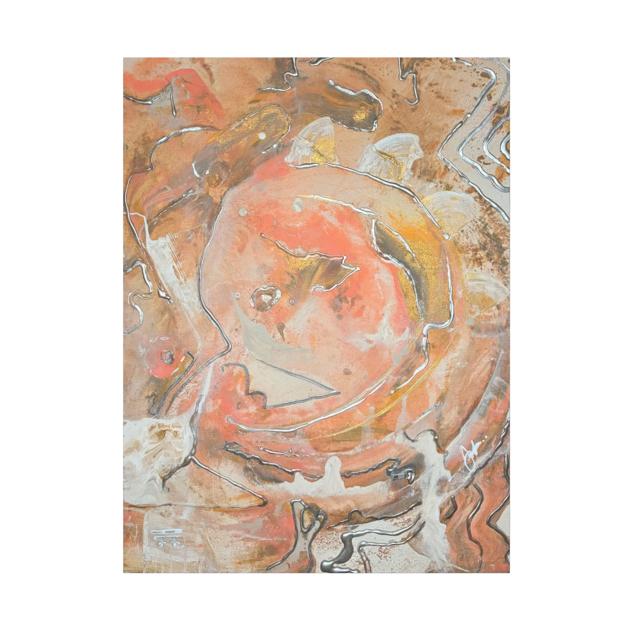 The front view of the 'Rustic Petal' Abstract FREEBRD 30x40 wall art piece with a 1.25 inch thickness showing vivid swirling acrylic paint texture in coral, gold, silver, and beige.