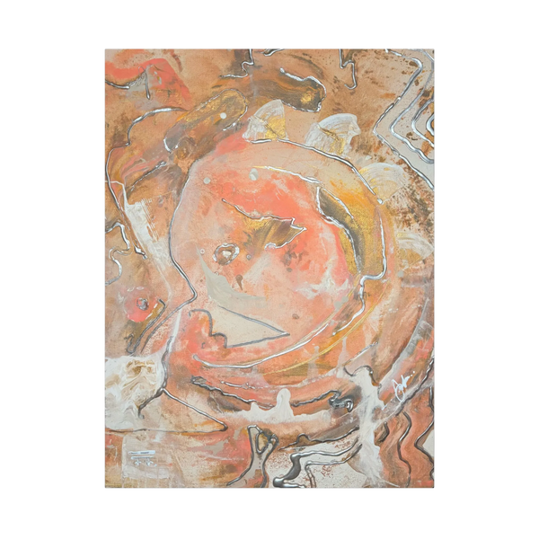 The front view of the 'Rustic Petal' Abstract FREEBRD 30x40 wall art piece with a 1.25 inch thickness showing vivid swirling acrylic paint texture in coral, gold, silver, and beige.