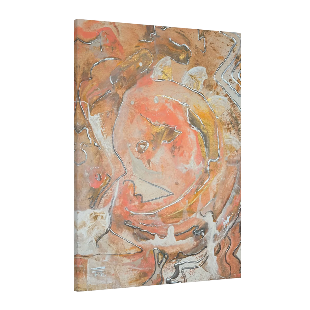 The side view of the 'Rustic Petal' Abstract FREEBRD 30x40 wall art piece with a 1.25 inch thickness showing vivid swirling acrylic paint texture in coral, gold, silver, and beige.