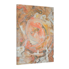 The side view of the 'Rustic Petal' Abstract FREEBRD 30x40 wall art piece with a 1.25 inch thickness showing vivid swirling acrylic paint texture in coral, gold, silver, and beige.