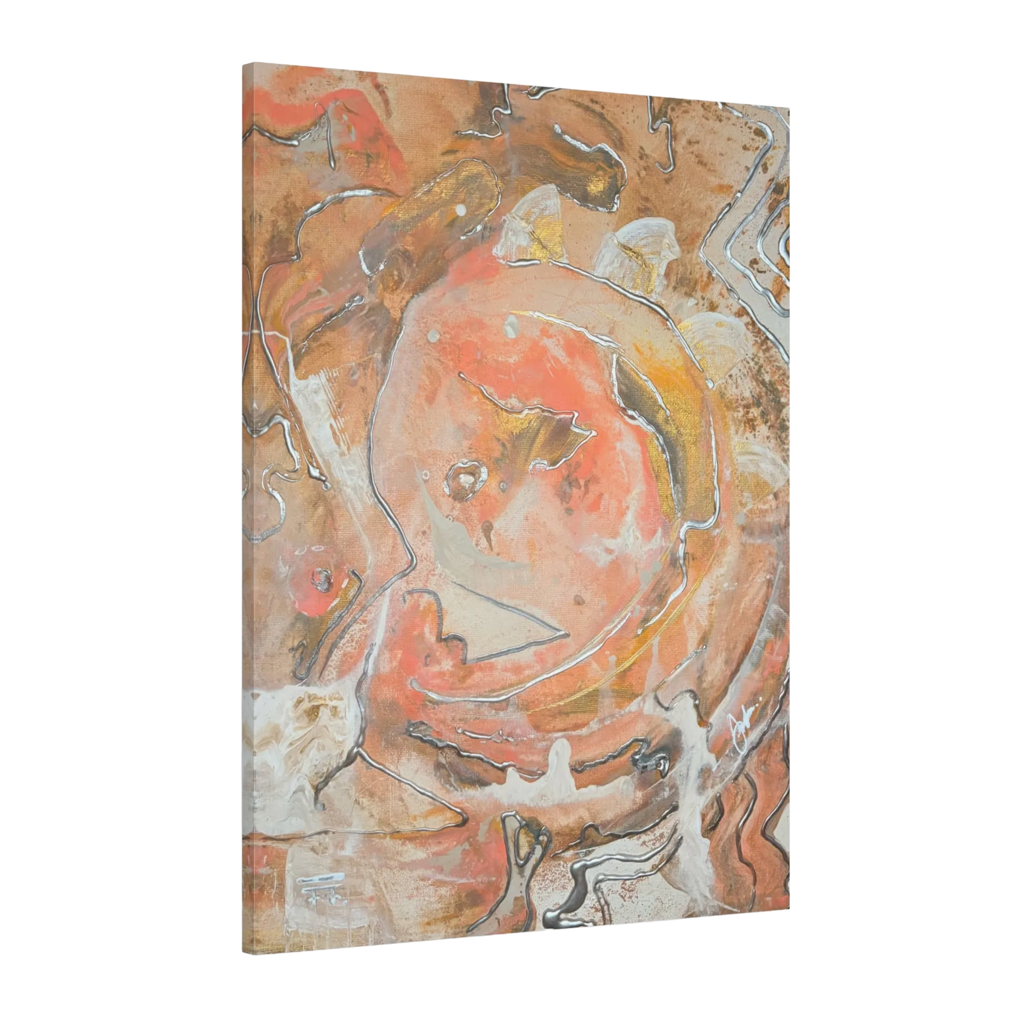The side view of the 'Rustic Petal' Abstract FREEBRD 30x40 wall art piece with a 1.25 inch thickness showing vivid swirling acrylic paint texture in coral, gold, silver, and beige.