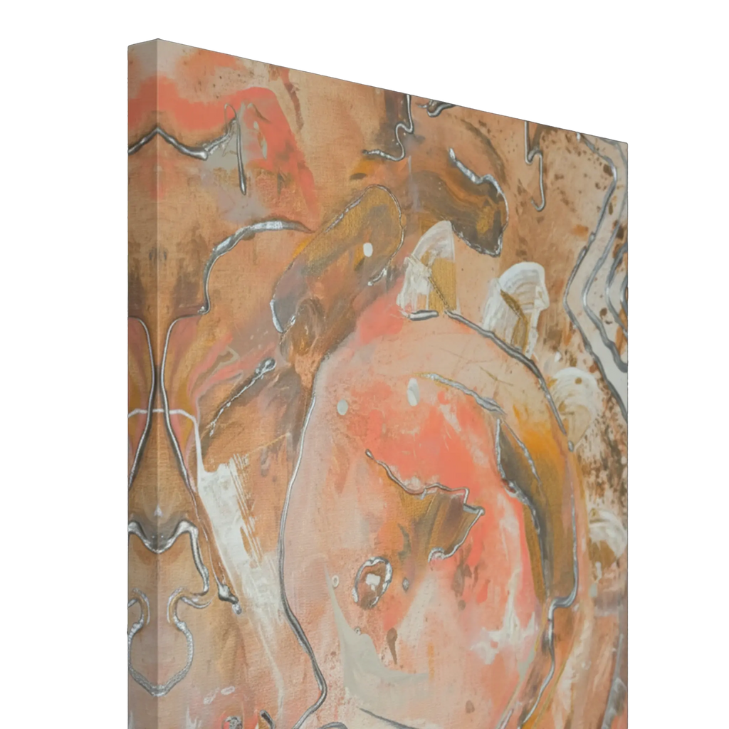 Side profile depth shot of Freebrd "Rustic Petal" unframed abstract canvas art, 30x40 vertical, showcasing 1.25" thick gallery-wrap canvas edge with warm terracotta and coral artwork wrapping around sides, metallic silver and gold swirl details.