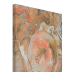 Side profile depth shot of Freebrd "Rustic Petal" unframed abstract canvas art, 30x40 vertical, showcasing 1.25" thick gallery-wrap canvas edge with warm terracotta and coral artwork wrapping around sides, metallic silver and gold swirl details.