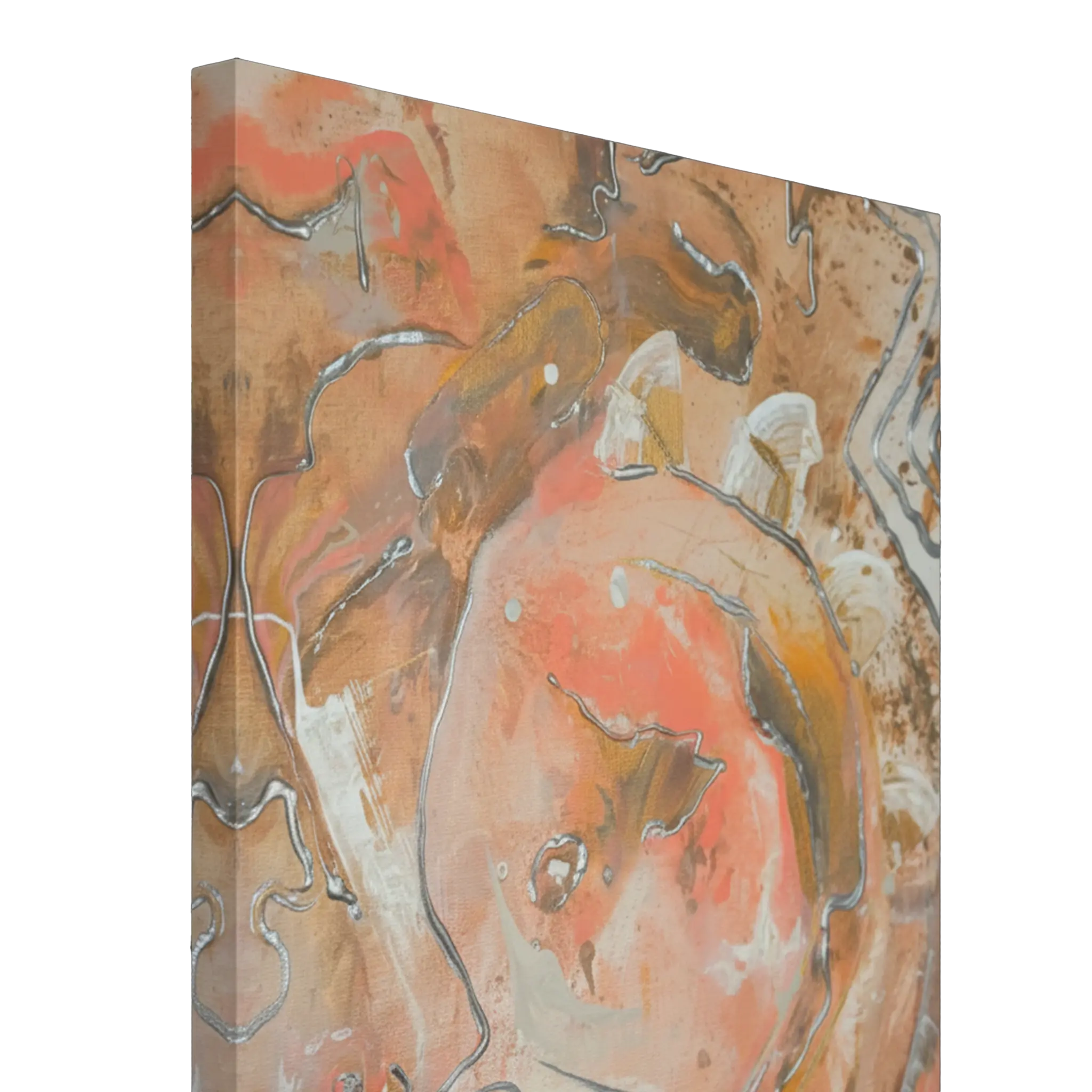 Side profile depth shot of Freebrd "Rustic Petal" unframed abstract canvas art, 30x40 vertical, showcasing 1.25" thick gallery-wrap canvas edge with warm terracotta and coral artwork wrapping around sides, metallic silver and gold swirl details.