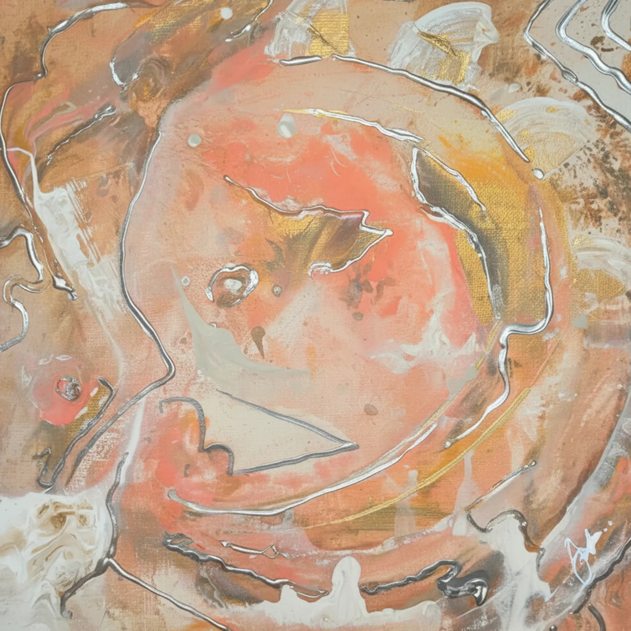 Close-up macro texture of Freebrd "Rustic Petal" unframed abstract canvas art, 30x40 vertical, 1.25" thick, swirling acrylic pour in coral, terracotta, metallic silver, gold, amber, and cream — rich textured paint surface detail.