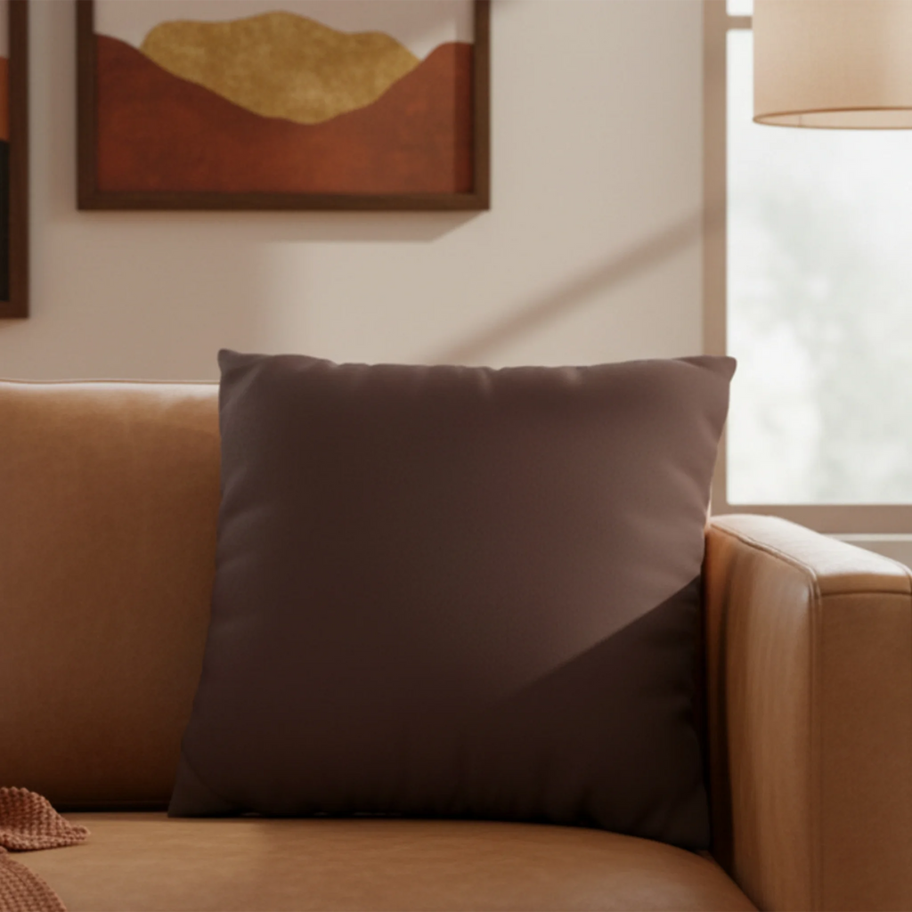 Saddle Brown faux suede pillow case styled on a couch in a modern living room.