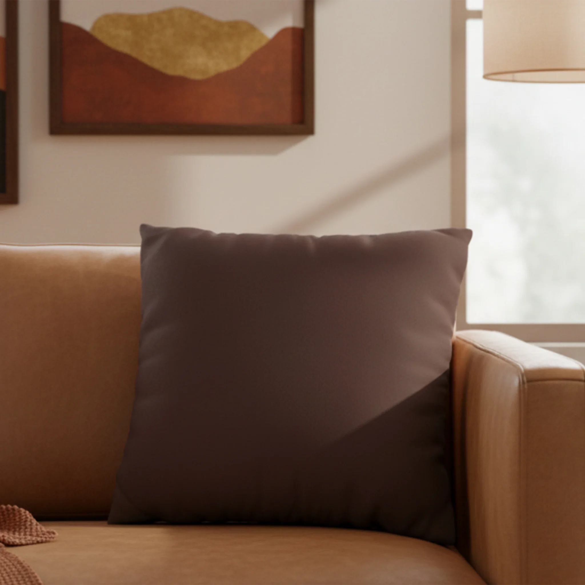 Saddle Brown faux suede pillow case styled on a couch in a modern living room.