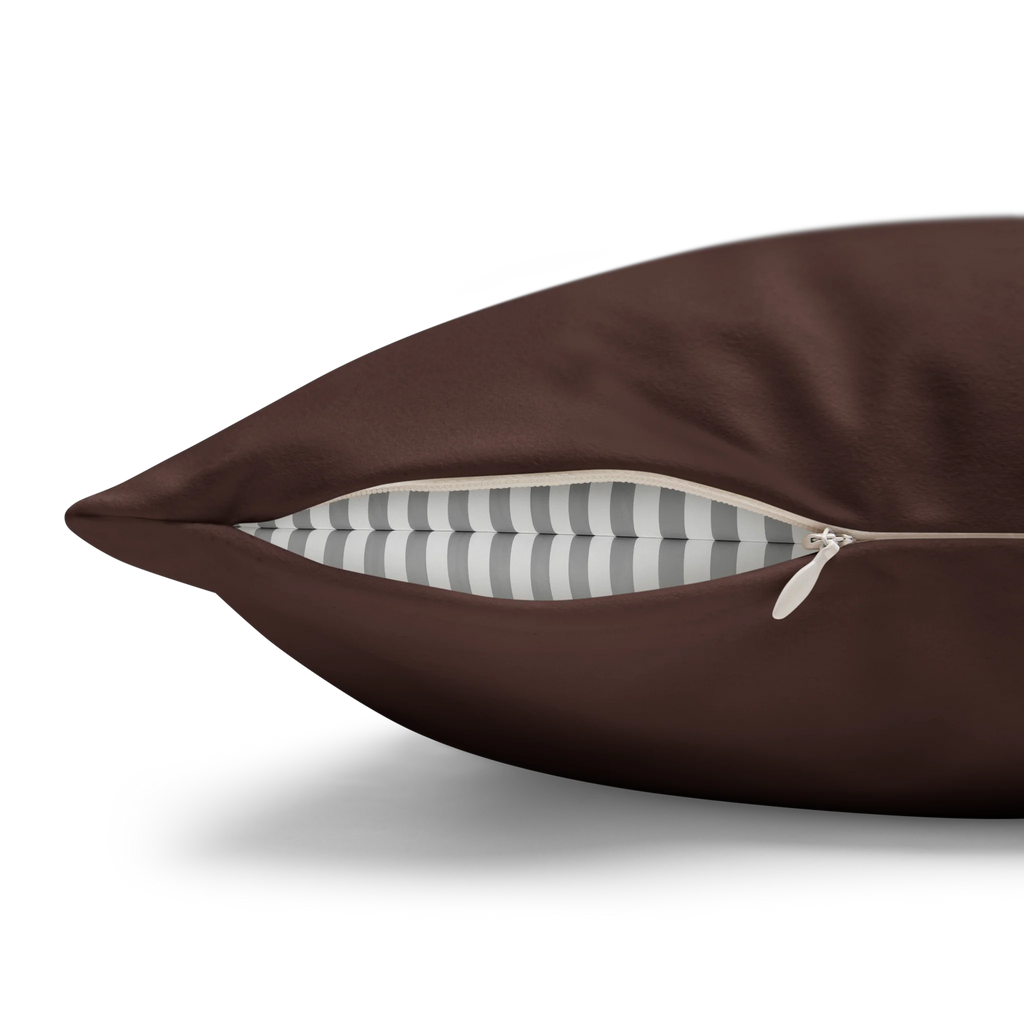 Saddle Brown faux suede pillow case, zipper view.