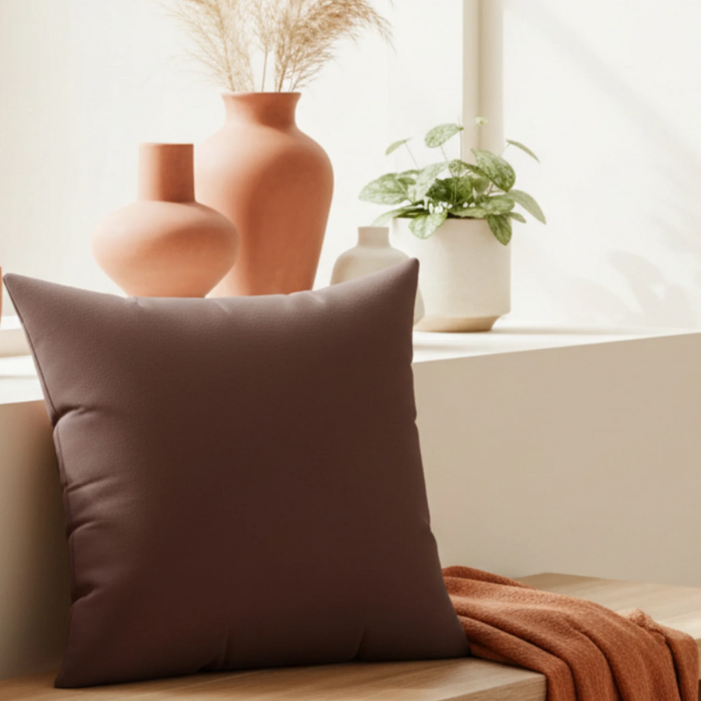 Saddle brown faux suede throw pillow styled in living room, lifestyle view/