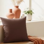 Saddle brown faux suede throw pillow styled in living room, lifestyle view/